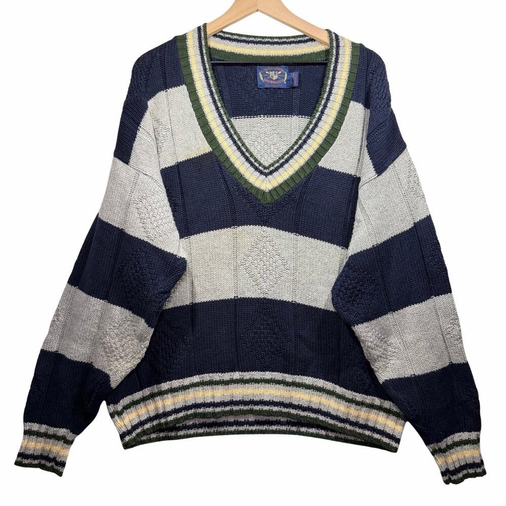 Vintage Lake Harmony Rowing Sweater Blue Striped Knit V-Neck USA 90s Men’s L